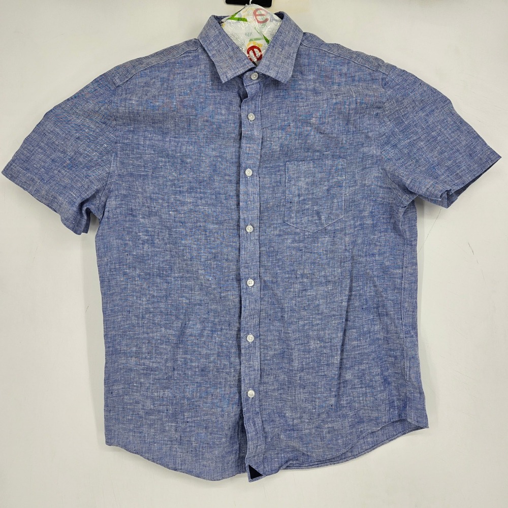 UNTUCKit Shirt Mens Large Linen Button Up Short Sleeve Blue Casual Slim